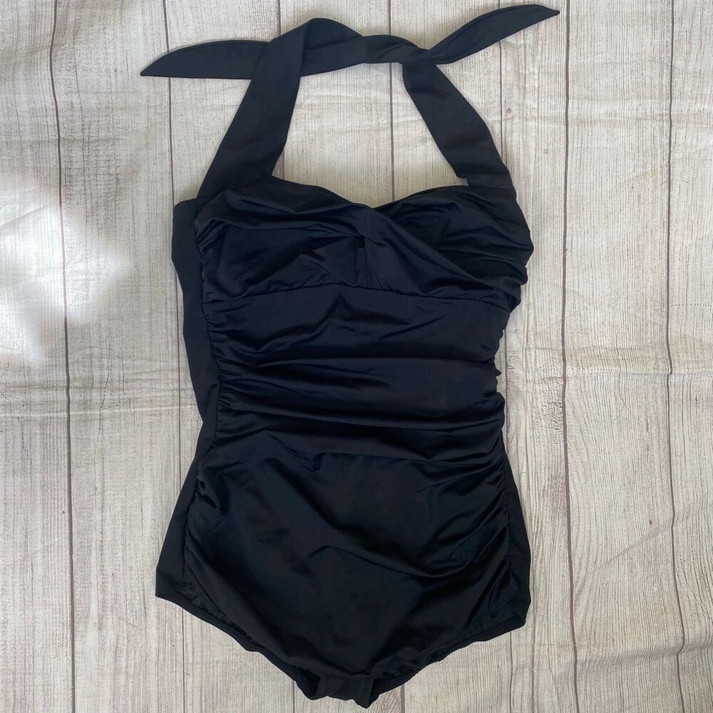 Catalina suddenly slim one piece halter tie bathing suit w/rouched waist black